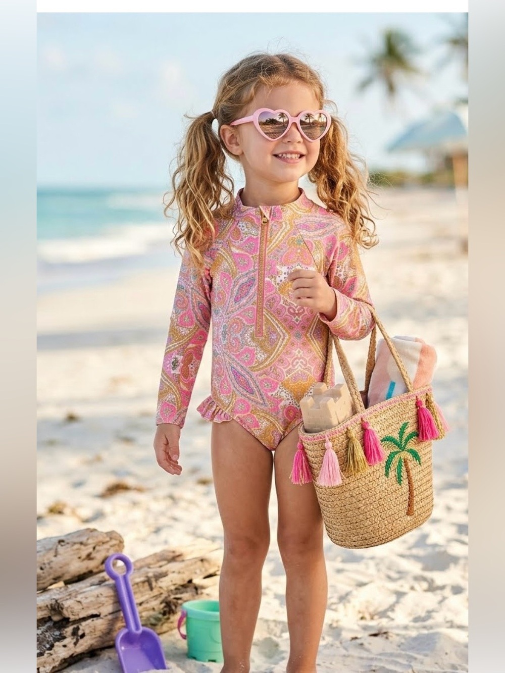 Jessica Simpson Girls' Pink & Gold Paisley Long-Sleeve One-Piece Swim
